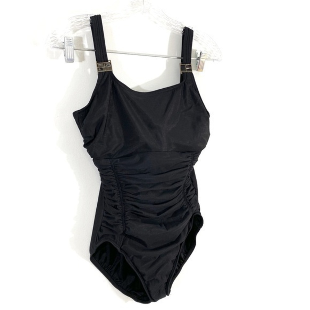 Lands End‎ 10 10P Black Ruched Slimming Shaping Square Neck One Piece Swimsuit